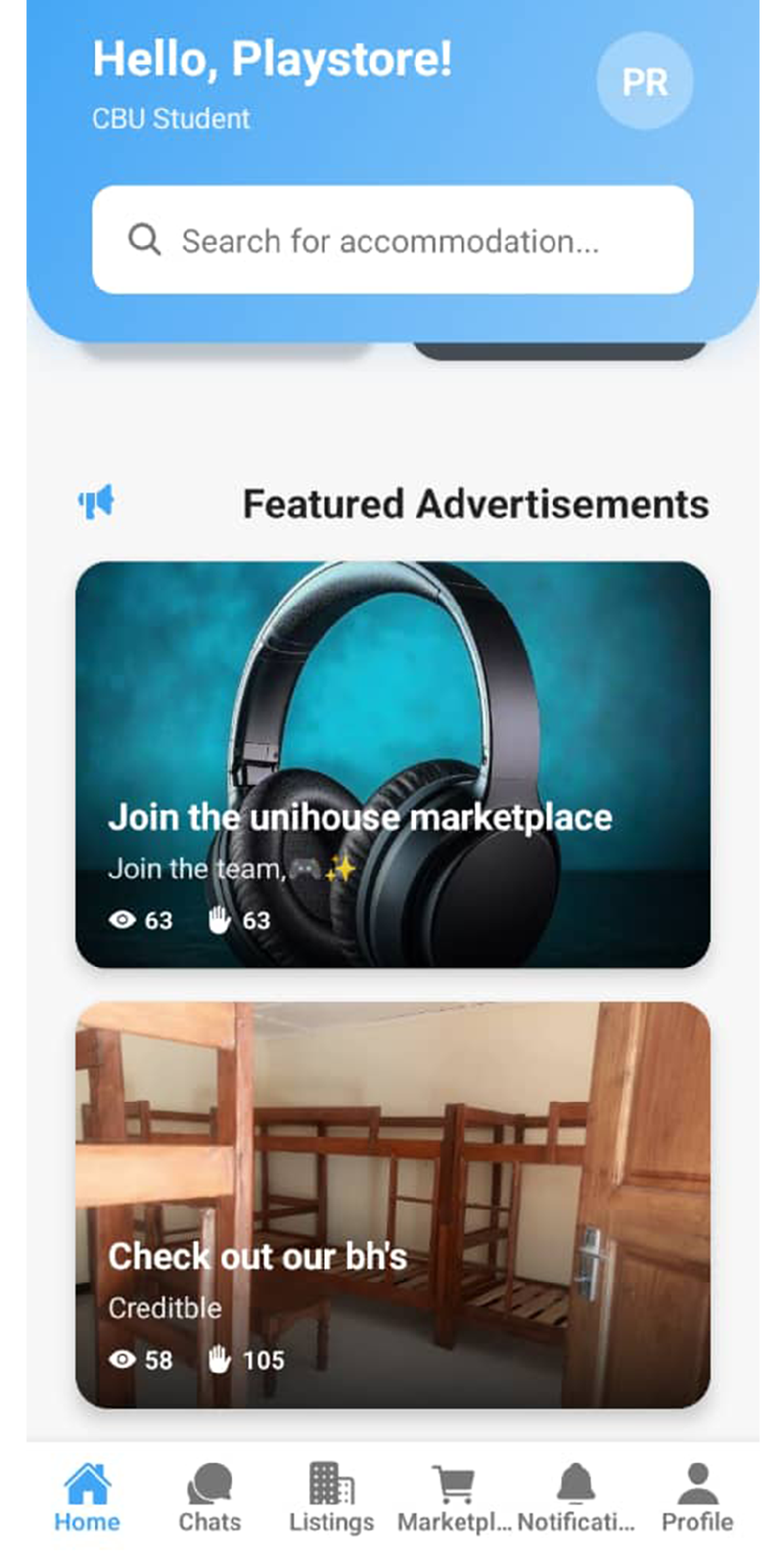 UniHouse App Home Screen